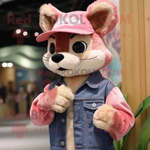 Pink Marten mascot costume character dressed with a Denim Shirt and Headbands