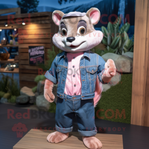 Pink Marten mascot costume character dressed with a Denim Shirt and Headbands
