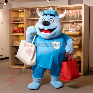 Sky Blue Steak mascot costume character dressed with a Bermuda Shorts and Tote bags