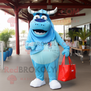 Sky Blue Steak mascot costume character dressed with a Bermuda Shorts and Tote bags