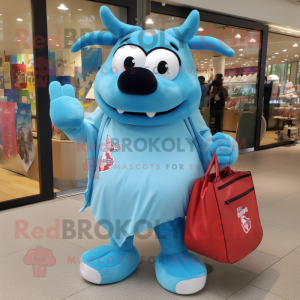 Sky Blue Steak mascot costume character dressed with a Bermuda Shorts and Tote bags