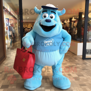 Sky Blue Steak mascot costume character dressed with a Bermuda Shorts and Tote bags