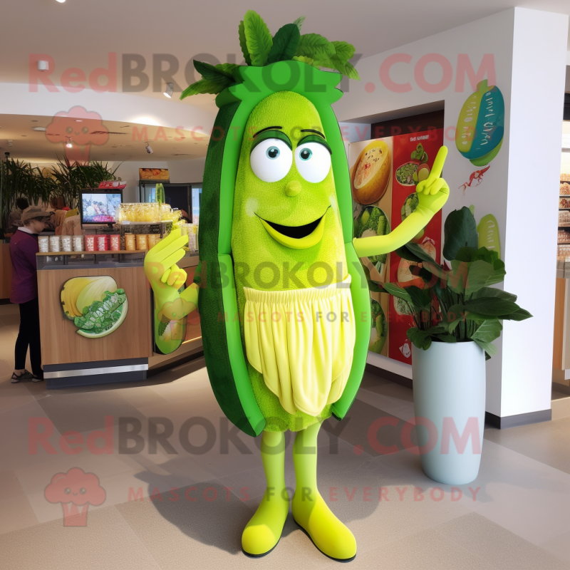 Lime Green Pesto Pasta mascot costume character dressed with a Bikini and Brooches Lime Green Pesto Pasta mascot costume character dressed with a Bikini and Brooches