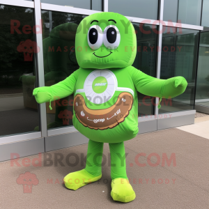 Lime Green Donut mascot costume character dressed with a Board Shorts and Shoe clips