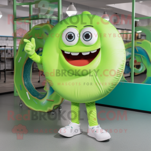 Lime Green Donut mascot costume character dressed with a Board Shorts and Shoe clips