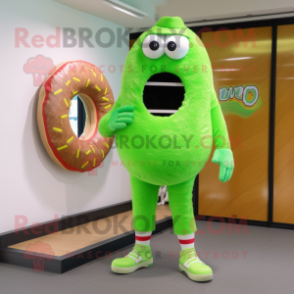 Lime Green Donut mascot costume character dressed with a Board Shorts and Shoe clips