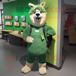 Forest Green Llama mascot costume character dressed with a Vest and Shoe laces
