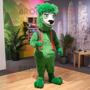 Forest Green Llama mascot costume character dressed with a Vest and Shoe laces