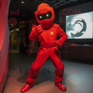 Red Commando mascot costume character dressed with a Bodysuit and Cufflinks