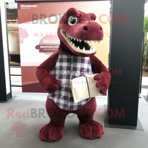 Maroon Iguanodon mascot costume character dressed with a Flannel Shirt and Clutch bags