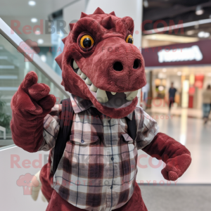 Maroon Iguanodon mascot costume character dressed with a Flannel Shirt and Clutch bags