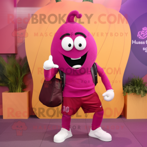 Magenta Squash mascot costume character dressed with a Joggers and Messenger bags