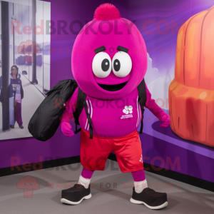 Magenta Squash mascot costume character dressed with a Joggers and Messenger bags