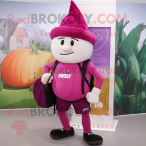 Magenta Squash mascot costume character dressed with a Joggers and Messenger bags