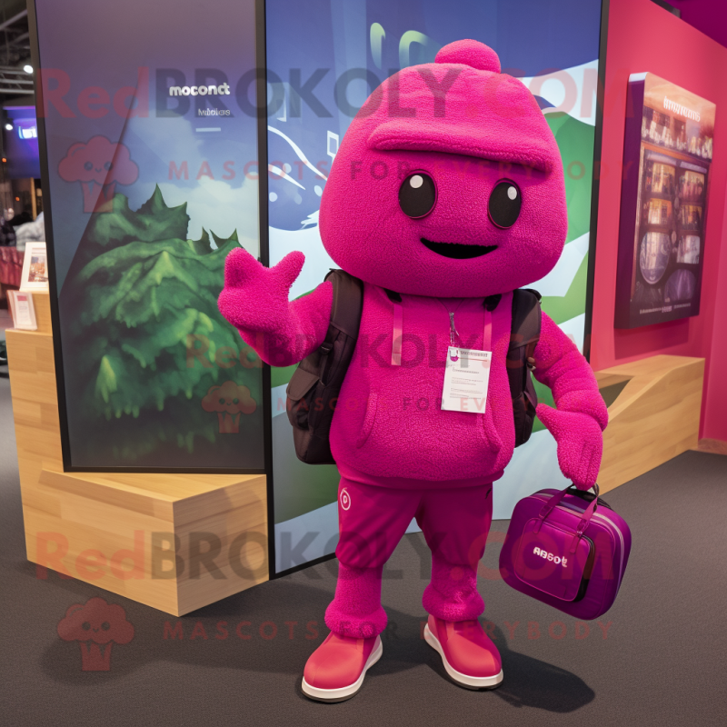 Magenta Squash mascot costume character dressed with a Joggers and Messenger bags