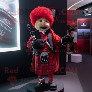 Red Bagpipe mascot costume character dressed with a Blazer and Bracelets
