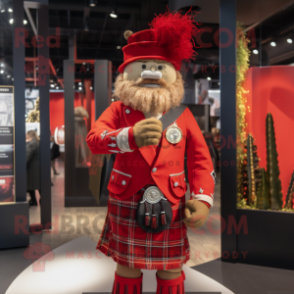 Red Bagpipe mascot costume character dressed with a Blazer and Bracelets