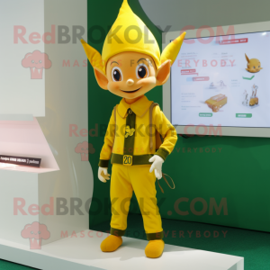 Yellow Elf mascot costume character dressed with a Jacket and Keychains