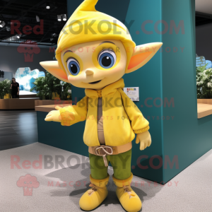 Yellow Elf mascot costume character dressed with a Jacket and Keychains