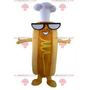 Mascotte hot dog molto divertente con occhiali e cappello da