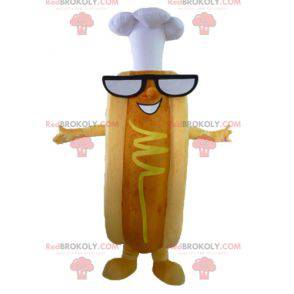Bardzo zabawna maskotka hot dog w okularach i czapce szefa