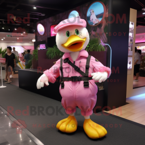 Pink Duck mascot costume character dressed with a Cargo Shorts and Hairpins