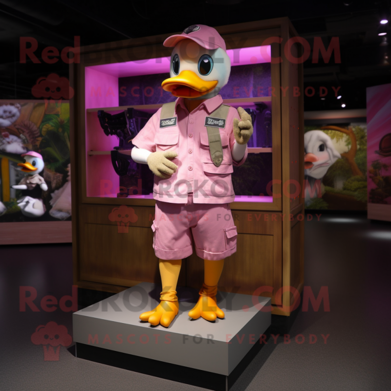 Pink Duck mascot costume character dressed with a Cargo Shorts and Hairpins