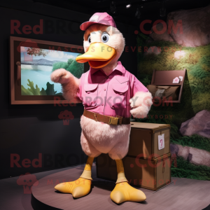 Pink Duck mascot costume character dressed with a Cargo Shorts and Hairpins