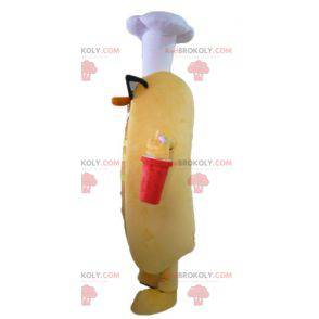 Very funny hot dog mascot with glasses and a chef's hat -