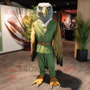 Olive Hawk mascot costume character dressed with a Jumpsuit and Pocket squares