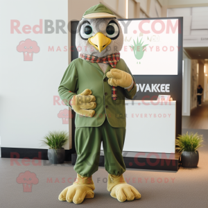 Olive Hawk mascot costume character dressed with a Jumpsuit and Pocket squares