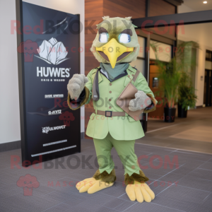 Olive Hawk mascot costume character dressed with a Jumpsuit and Pocket squares