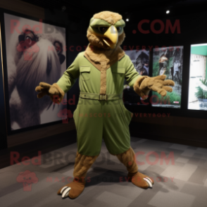 Olive Hawk mascot costume character dressed with a Jumpsuit and Pocket squares