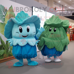 Sky Blue Cabbage Leaf mascot costume character dressed with a Blouse and Clutch bags
