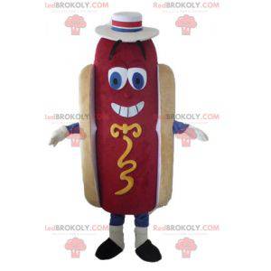 Mascotte di hot dog gigante carino e colorato con un cappello -