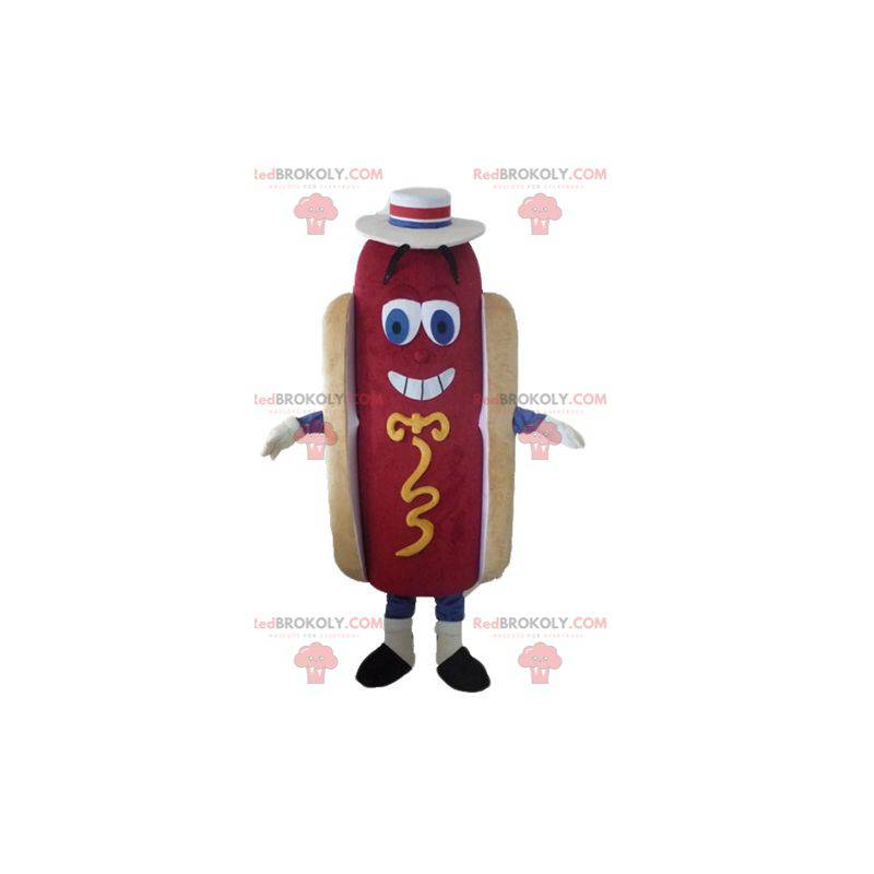 Sød og farverig kæmpe hotdog maskot med hat - Redbrokoly.com