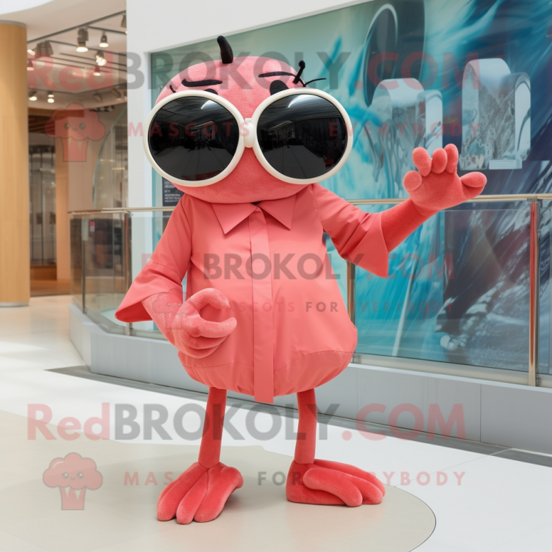 Pink Crab mascot costume character dressed with a A-Line Dress and Sunglasses