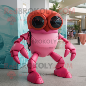 Pink Crab mascot costume character dressed with a A-Line Dress and Sunglasses
