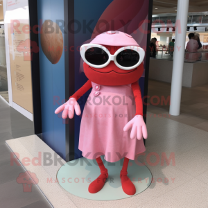 Pink Crab mascot costume character dressed with a A-Line Dress and Sunglasses