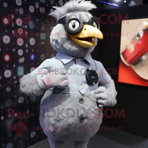 Gray Chicken mascot costume character dressed with a Button-Up Shirt and Smartwatches