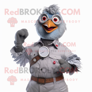 Gray Chicken mascot costume character dressed with a Button-Up Shirt and Smartwatches