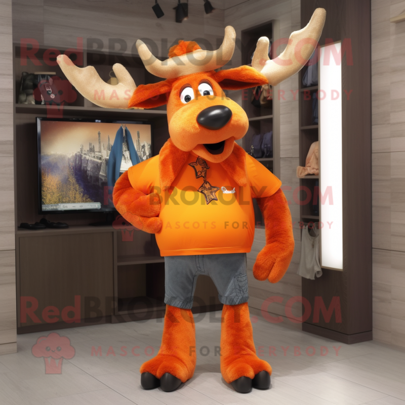 Orange Elk mascot costume character dressed with a Flare Jeans and Cummerbunds Orange Elk mascot costume character dressed with a Flare Jeans and Cummerbunds
