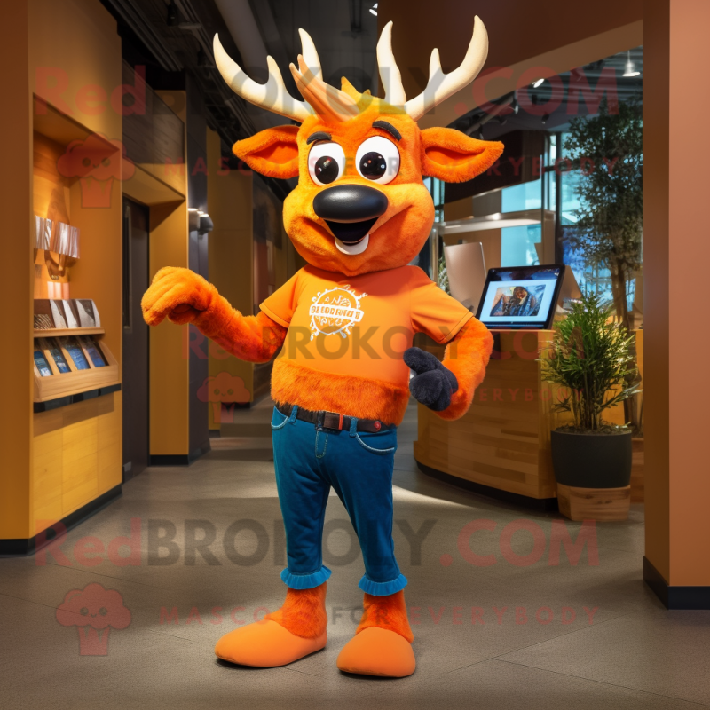 Orange Elk mascot costume character dressed with a Flare Jeans and Cummerbunds Orange Elk mascot costume character dressed with a Flare Jeans and Cummerbunds