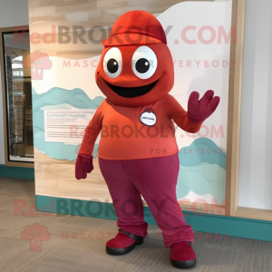 Maroon Salmon mascot costume character dressed with a Yoga Pants and Berets