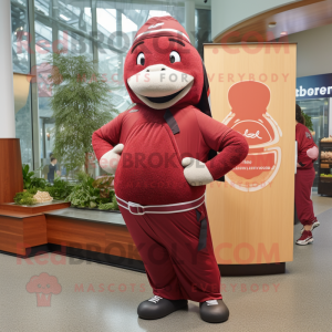 Maroon Salmon mascot costume character dressed with a Yoga Pants and Berets