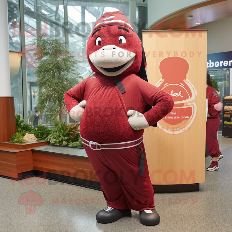 Maroon Salmon mascot costume character dressed with a Yoga Pants and Berets