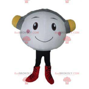 Very smiling white snowman mascot with headphones -