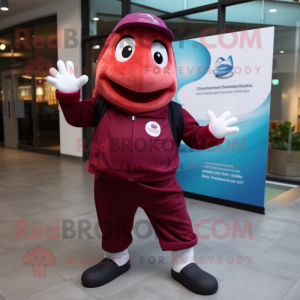 Maroon Salmon mascot costume character dressed with a Yoga Pants and Berets