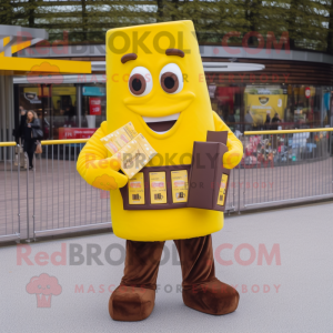 Yellow Chocolate Bars mascot costume character dressed with a Playsuit and Wallets