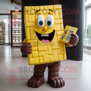 Yellow Chocolate Bars mascot costume character dressed with a Playsuit and Wallets